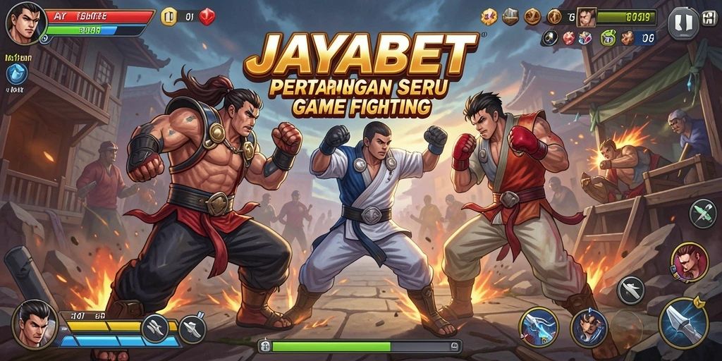 Tampilan gameplay JAYABET dengan pertarungan seru dan karakter unik.