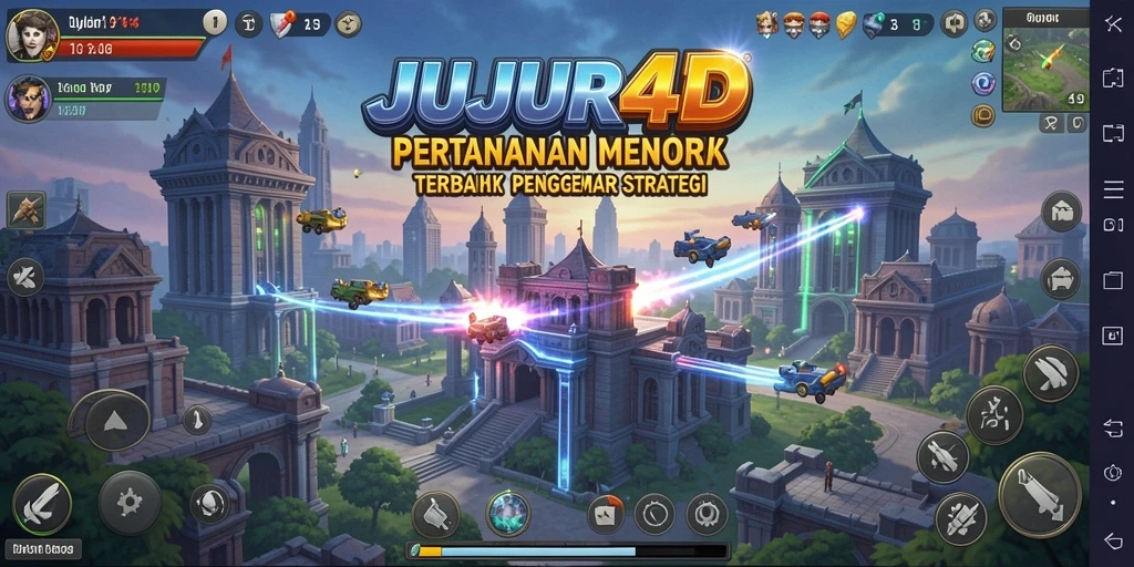 Tampilan seru gameplay JUJUR4D dengan berbagai menara dan musuh.