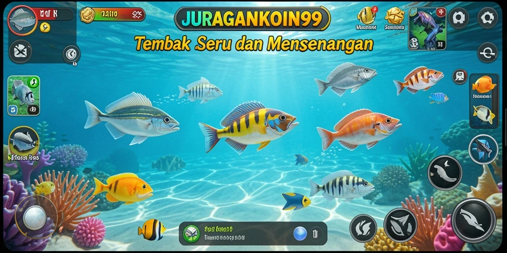 Screenshot gameplay JURAGANKOIN99 yang menunjukkan aksi tembak ikan.